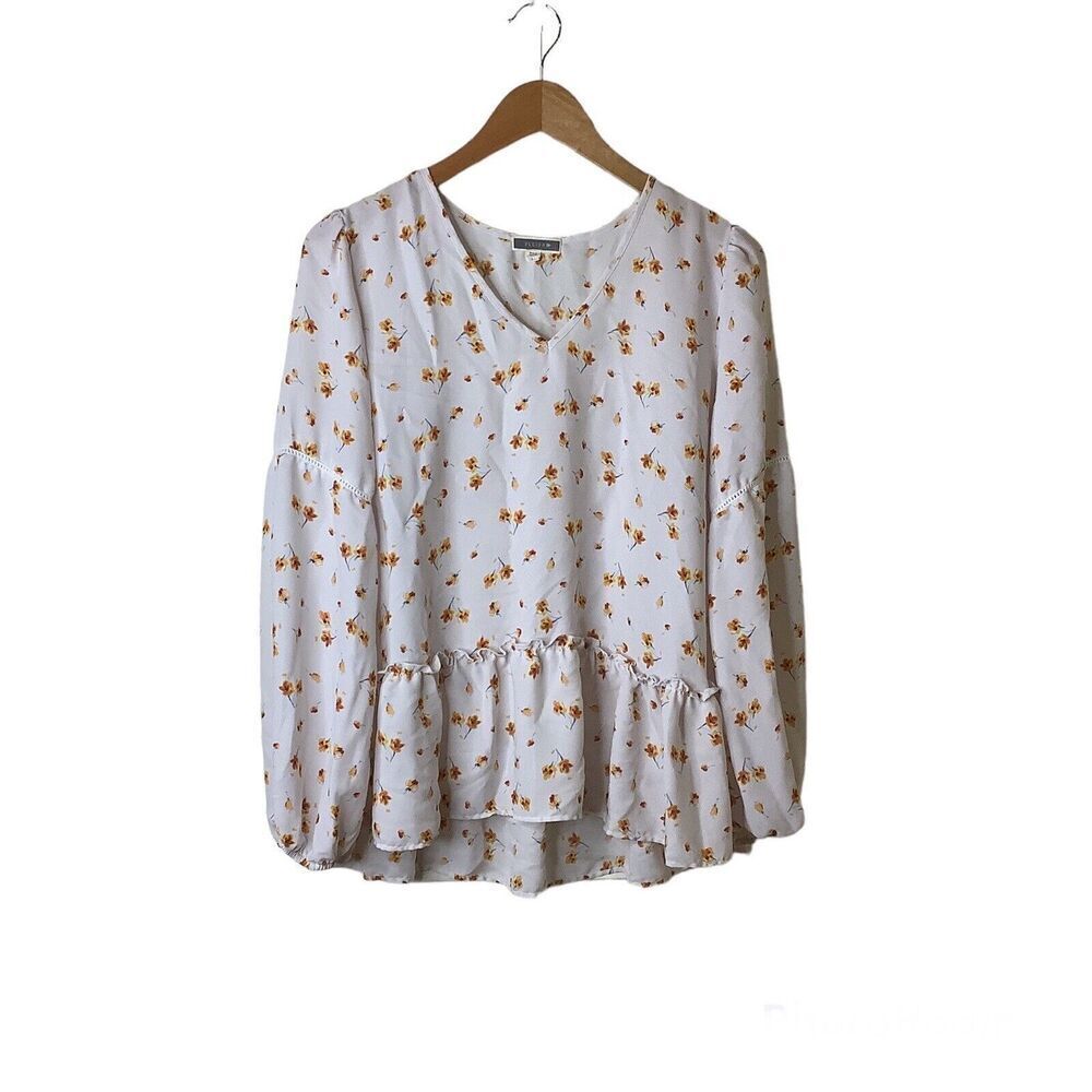 3/$20 Pleione Womens Sz L Peplum Top V Neck Crochet Cream Floral Balloon Sleeve